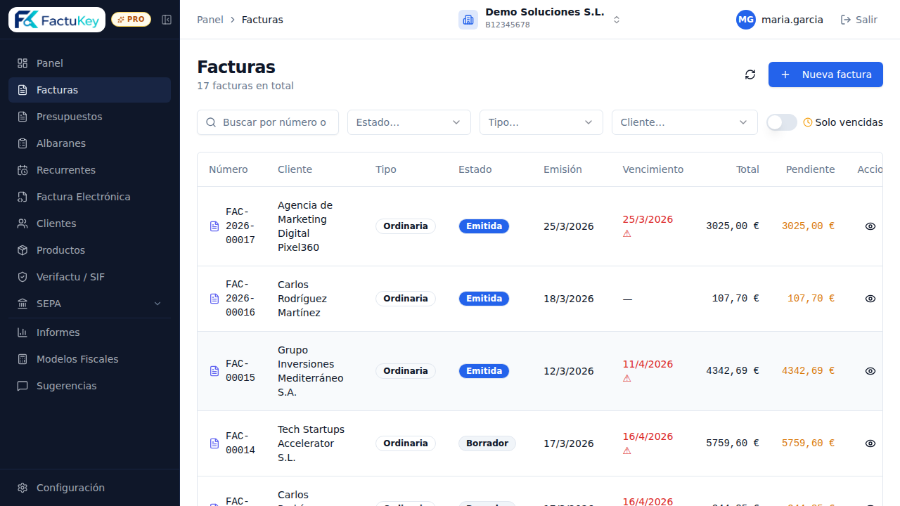 Pantalla de facturas en FactuKey - gestion de facturacion electronica