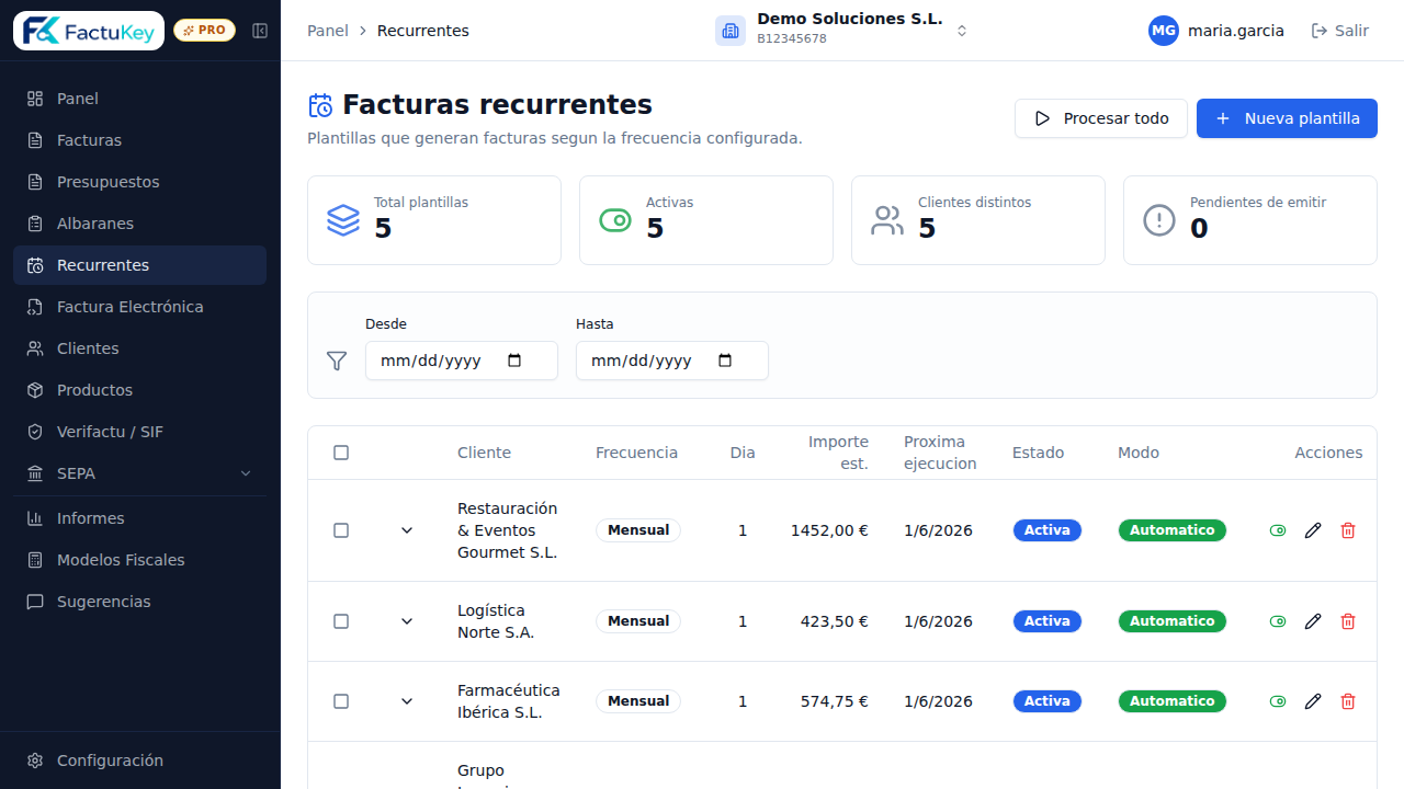 Facturas recurrentes en FactuKey